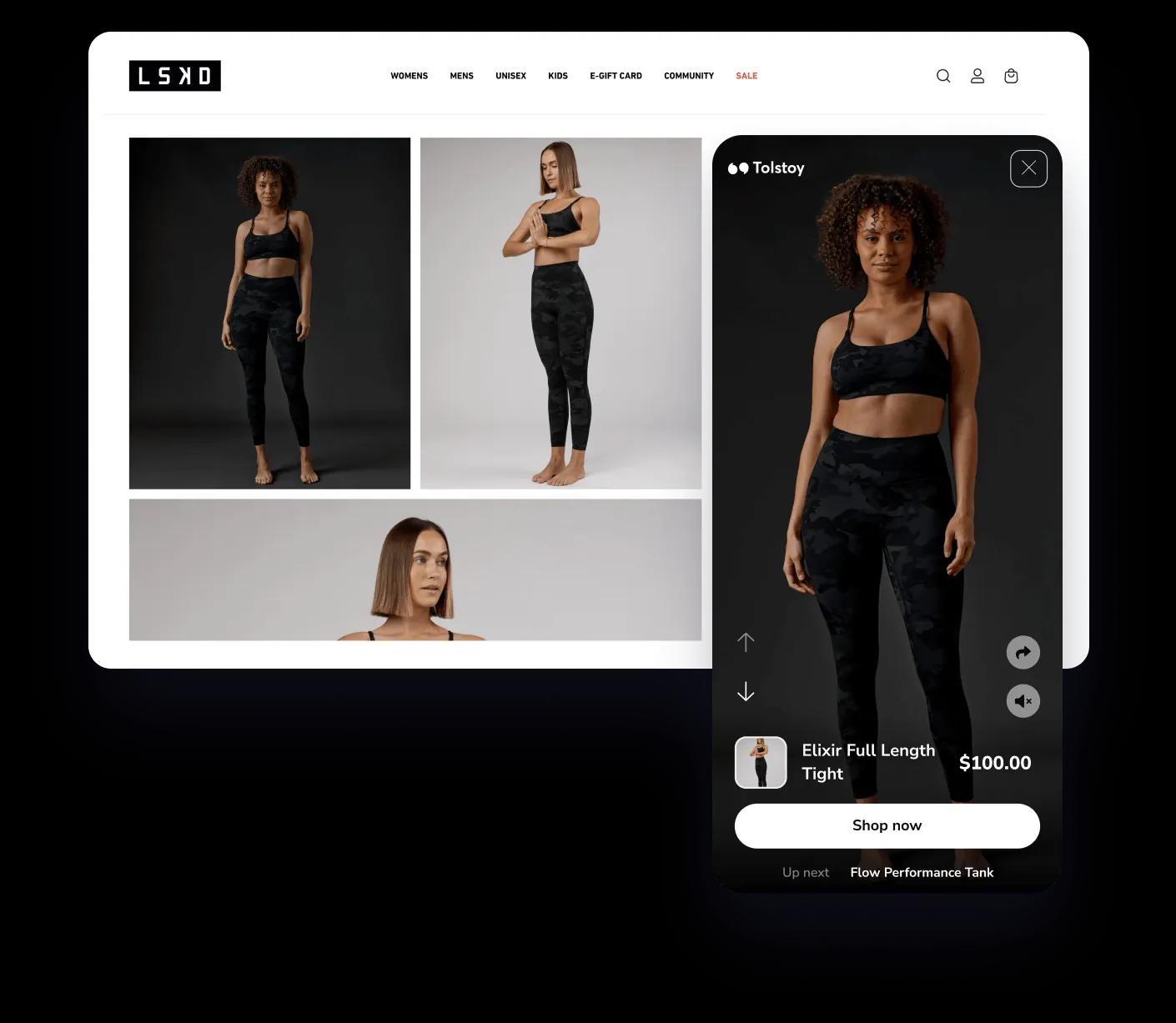 LSKD website showing women modeling black camo workout set with Elixir Full Length Tight