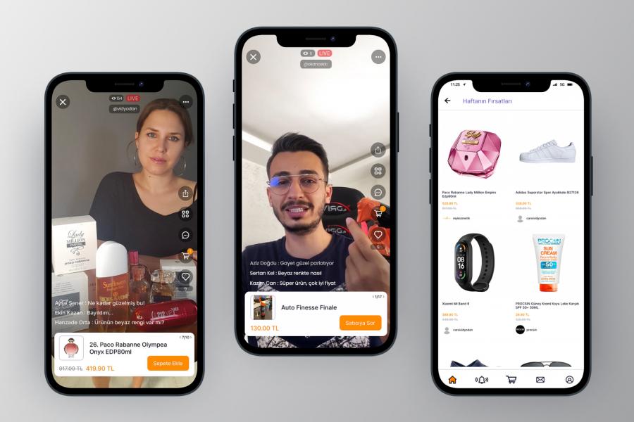 Three smartphones showing live shopping streams and product listings with beauty, auto, and fashion items