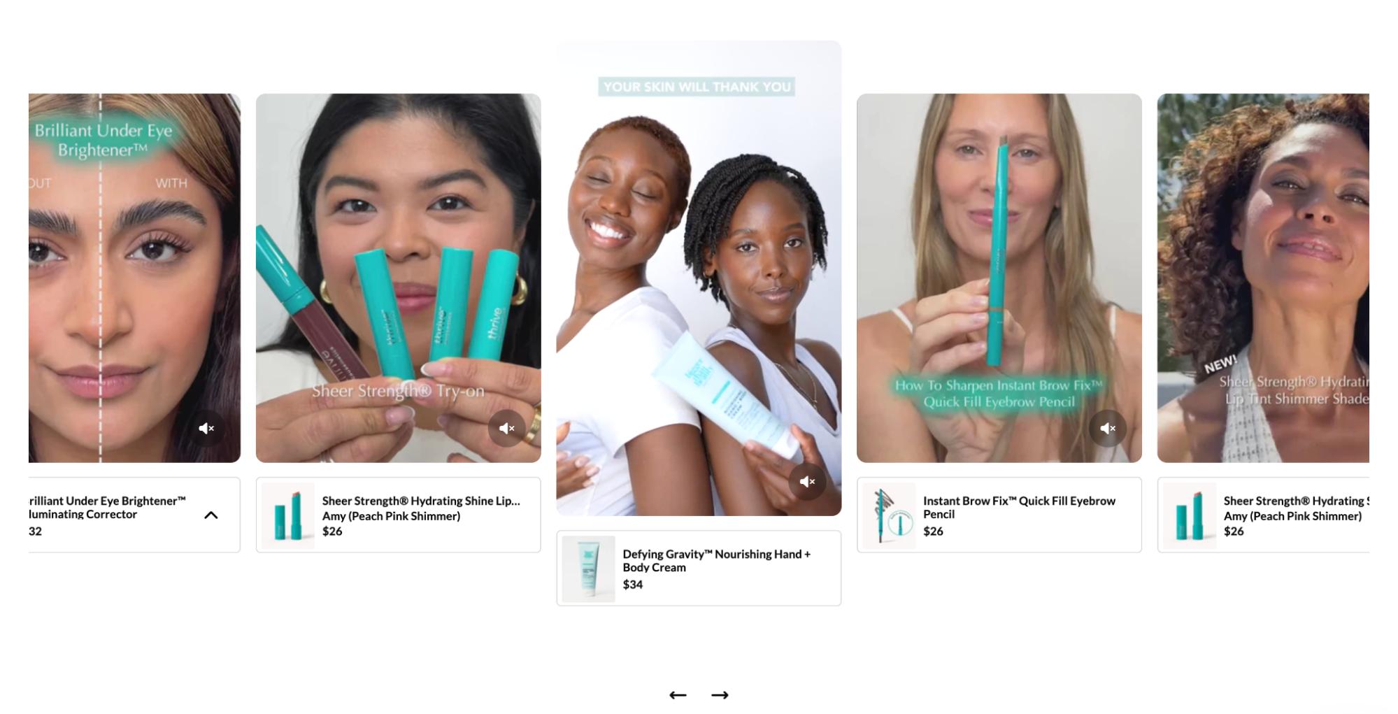 Thrive Causemetics product display showing diverse models using eye brightener, lip tint, brow pencil, and hand cream