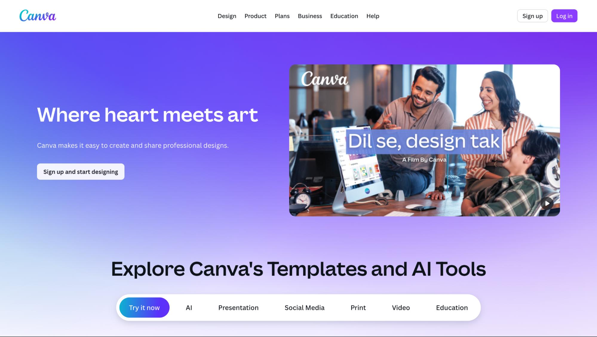 Canva homepage