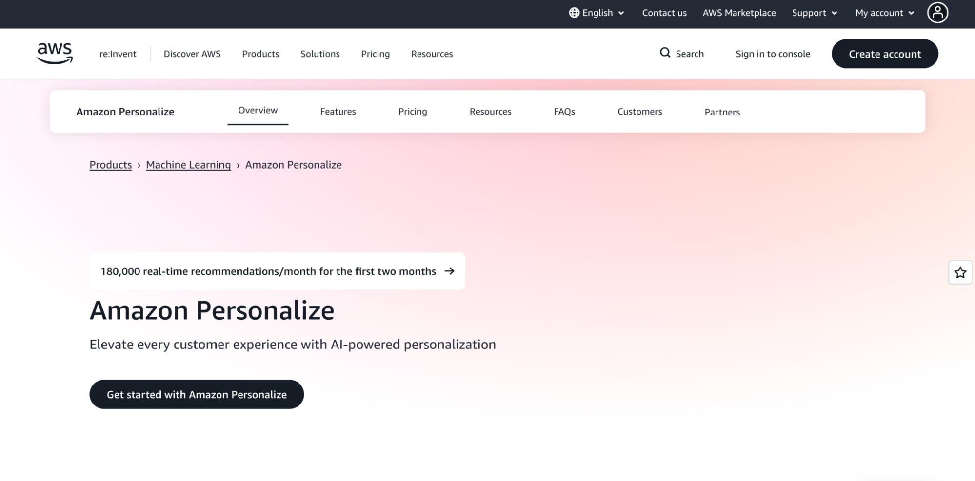 Amazon Personalize webpage