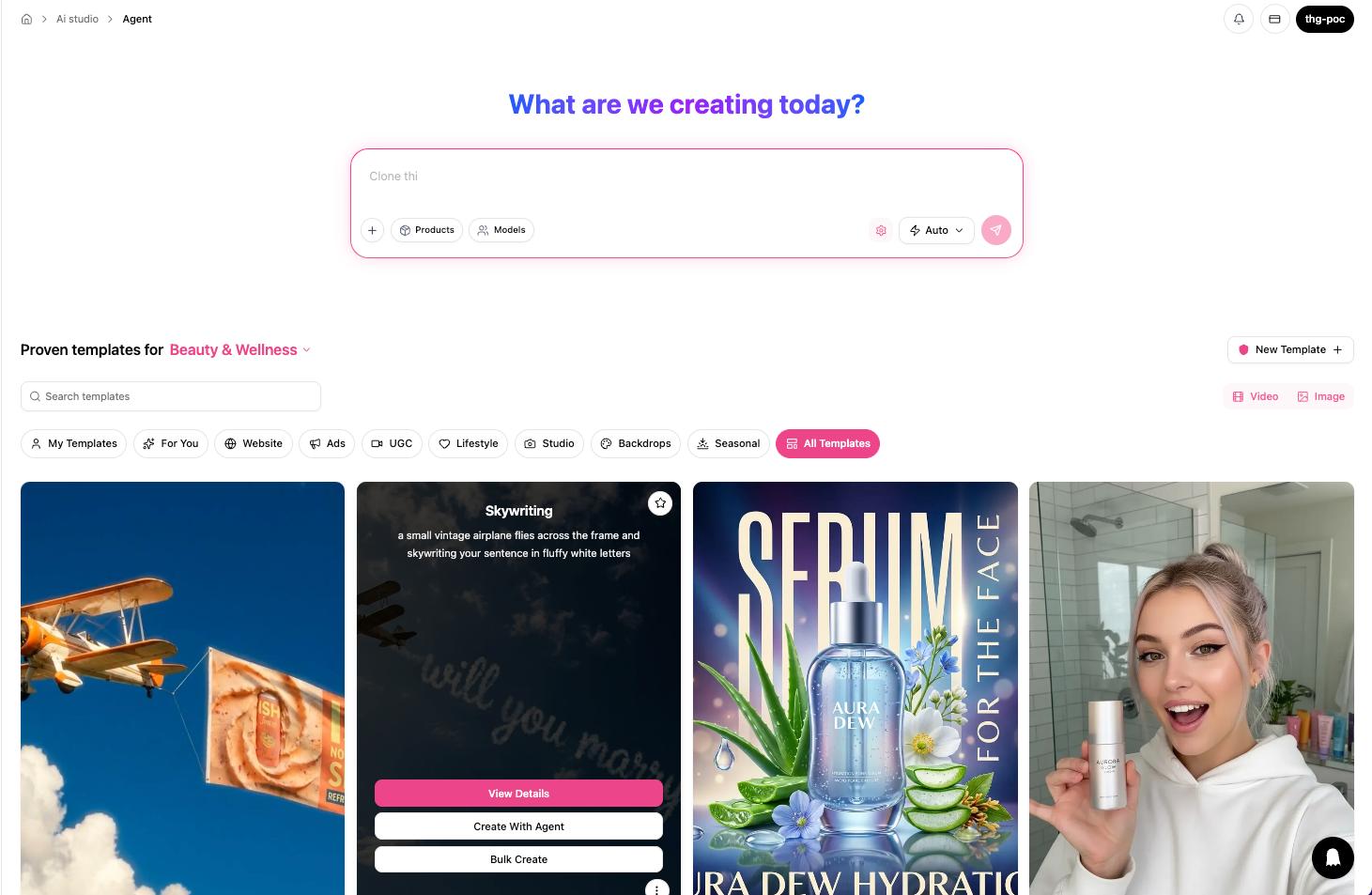 Tolstoy AI studio dashboard showing a search bar for creating content and a gallery of beauty and wellness templates, including product and model visuals.
