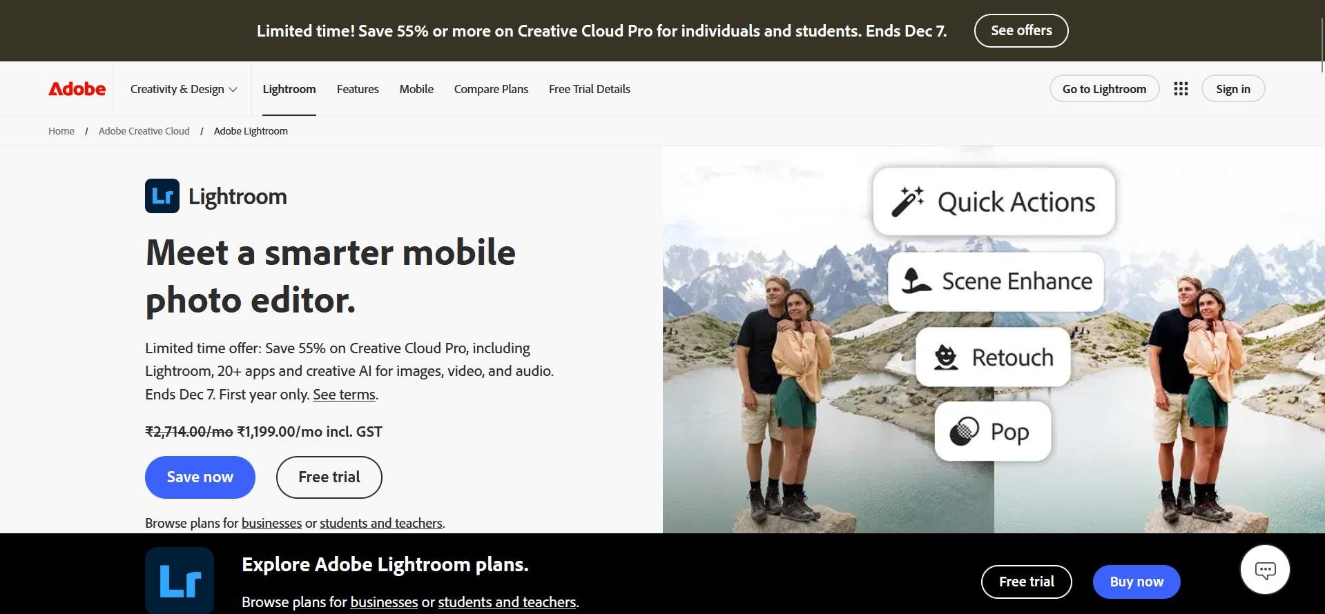 Adobe Lightroom webpage promoting mobile photo editing with a couple standing by a mountain lake and feature buttons like Quick Actions and Retouch.