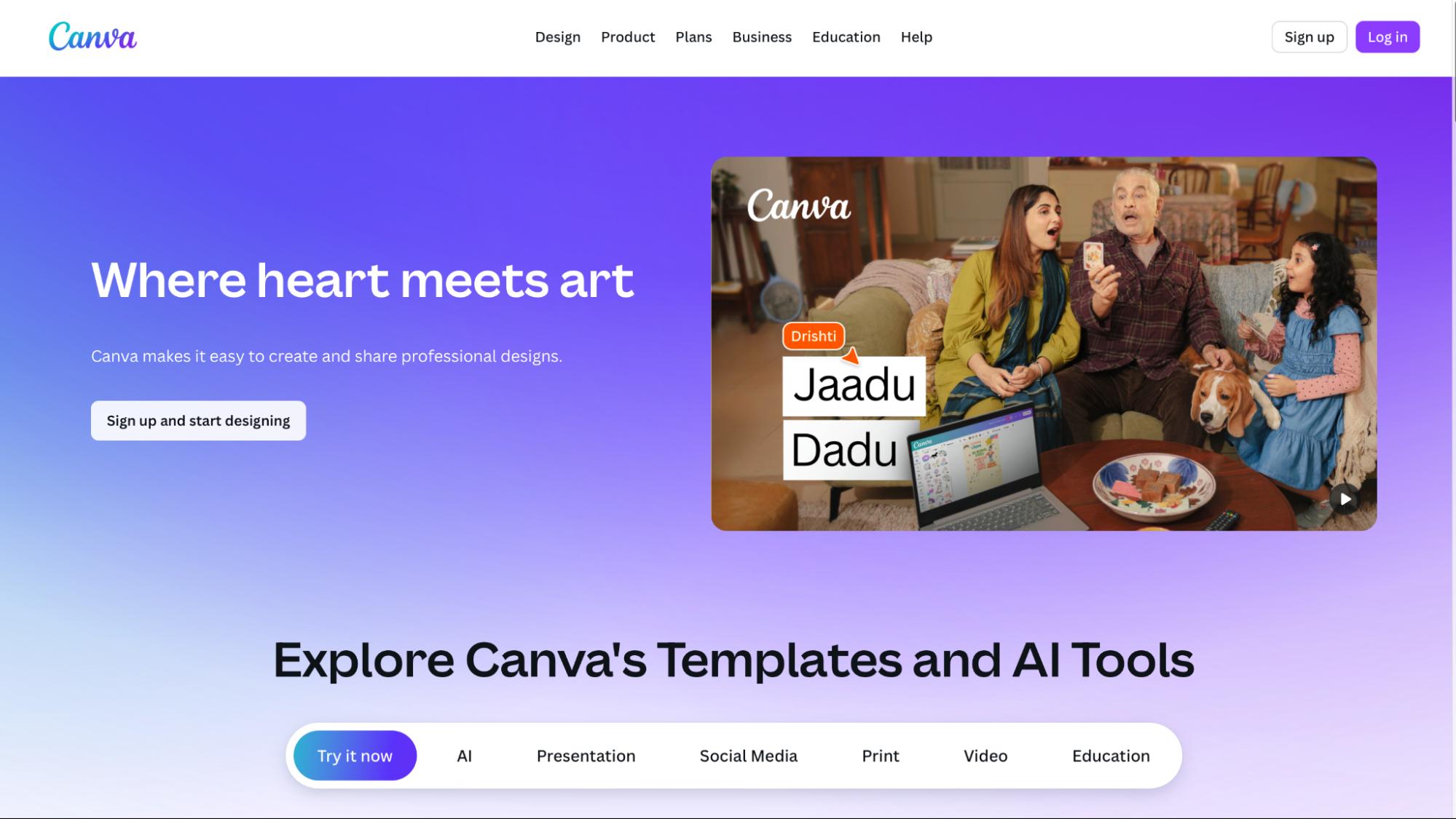 Canva homepage with “Where heart meets art” tagline and a family scene showing people reacting to a card, promoting templates and AI design tools.