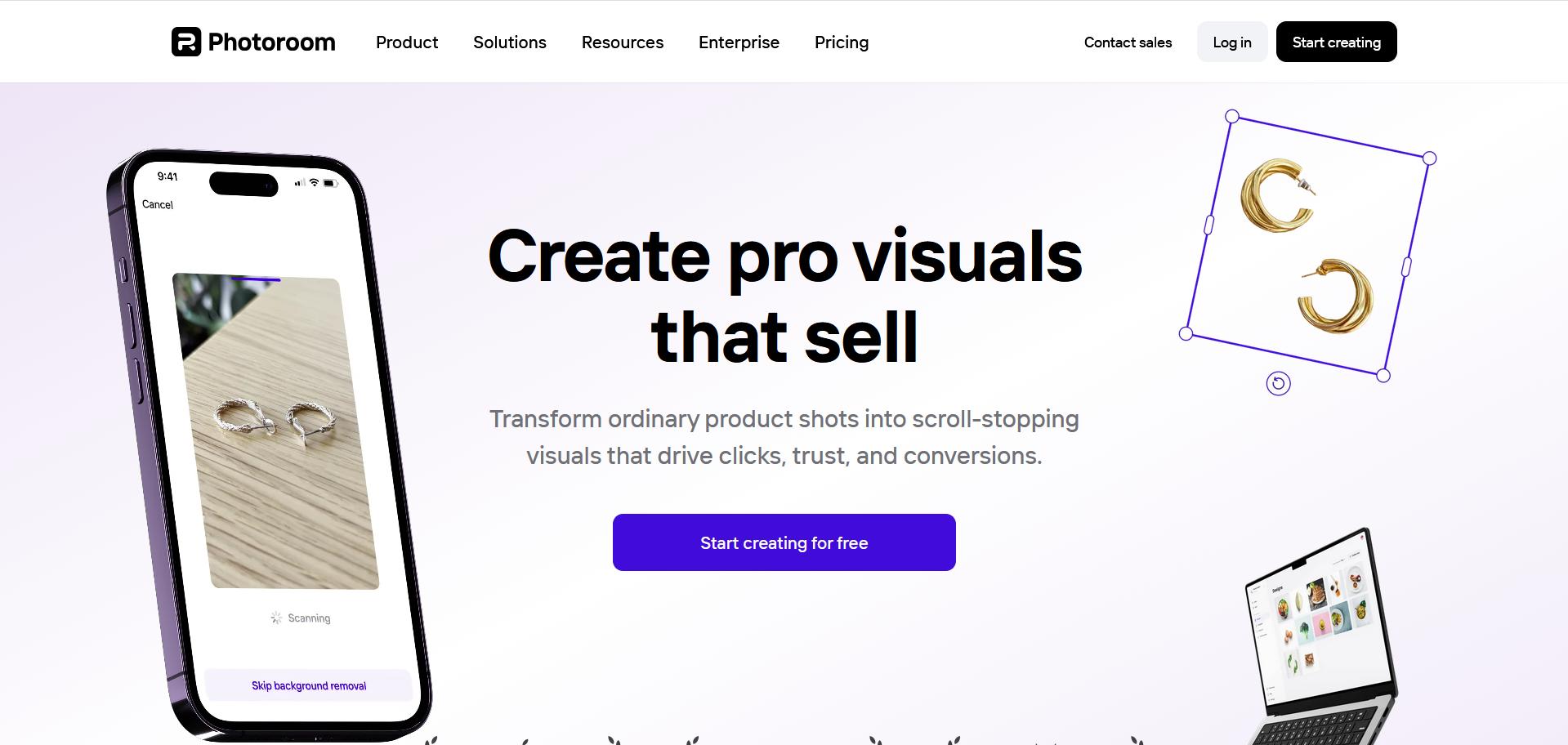 Photoroom homepage showing product photo editing on a phone and gold earrings being adjusted, promoting tools to create professional visuals that sell.