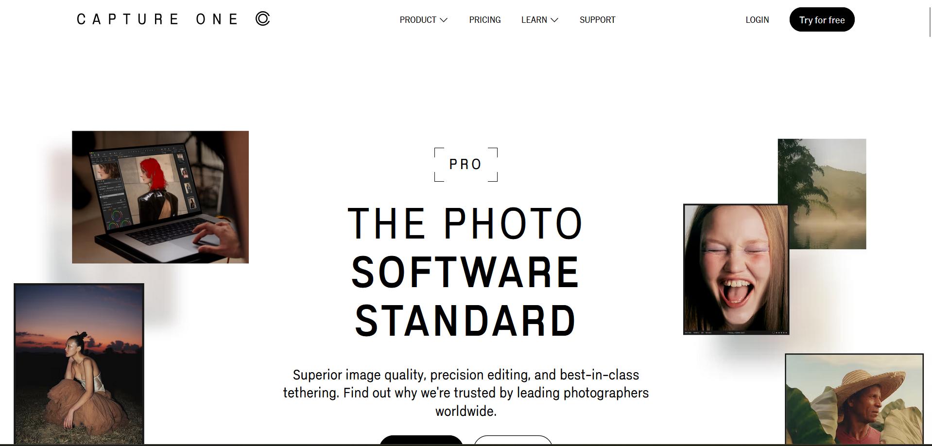 Capture One homepage showcasing photo editing software with images of portraits, landscapes, and a laptop editing interface promoting professional quality.