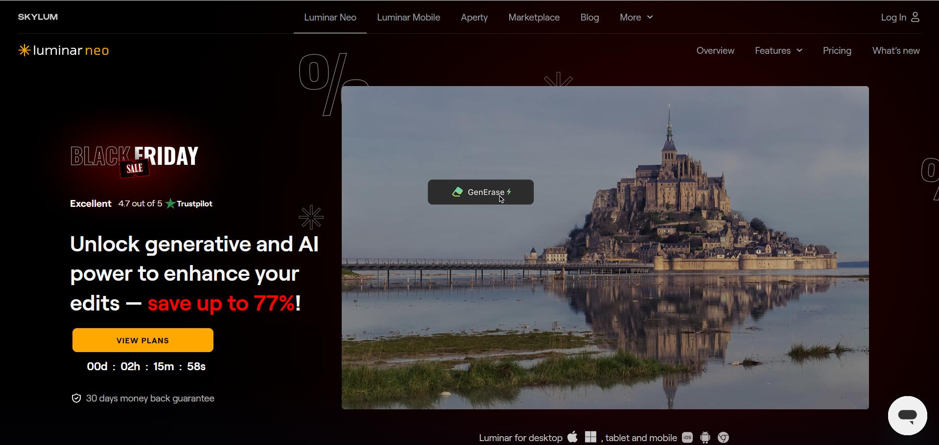 Luminar Neo Black Friday promo showing generative AI editing on a photo of Mont Saint-Michel, highlighting savings and editing features like GenErase.