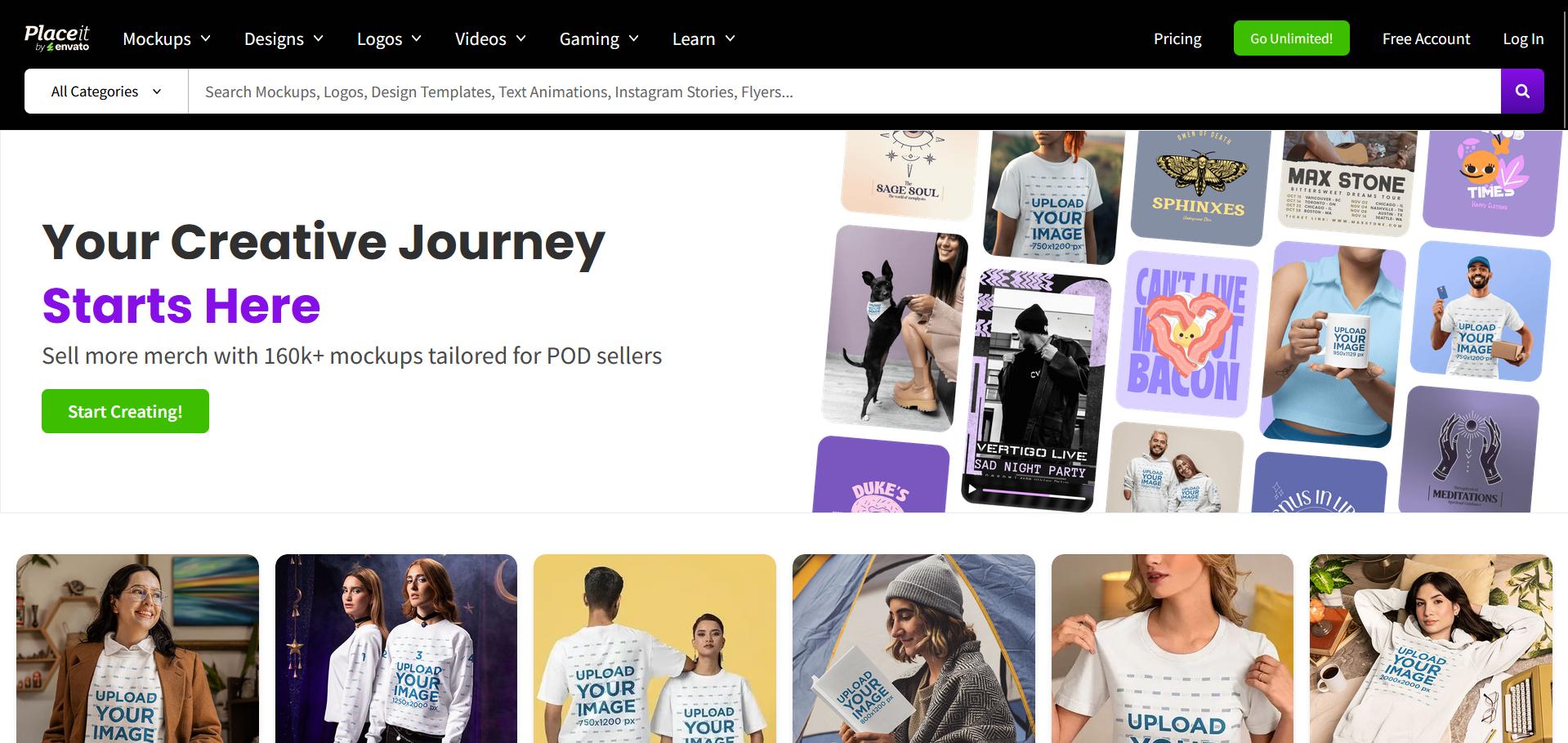 Placeit homepage showing merch mockups and design templates, with models wearing customizable apparel and a call to start creating for POD sellers.