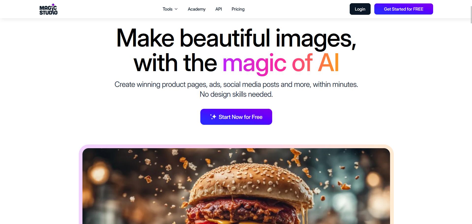 Magic Studio homepage promoting AI-powered image creation, with a vibrant hero shot of a burger surrounded by flying crumbs to showcase visual effects.