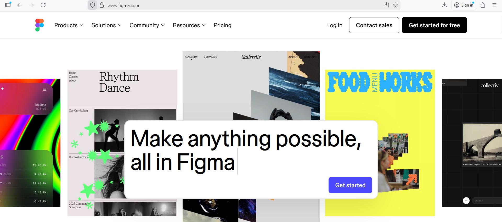 Figma homepage with colorful design examples and a message saying “Make anything possible, all in Figma” alongside a button to get started.