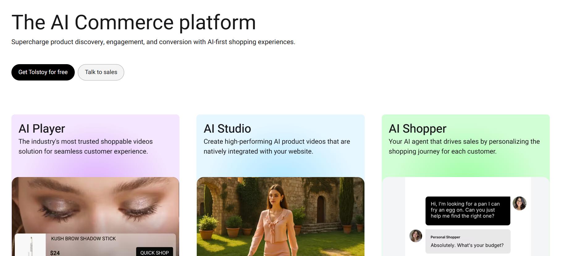 Tolstoy homepage titled “The AI Commerce platform” showcasing AI Player, AI Studio, and AI Shopper features with product video, content creation, and chat-based shopping examples.