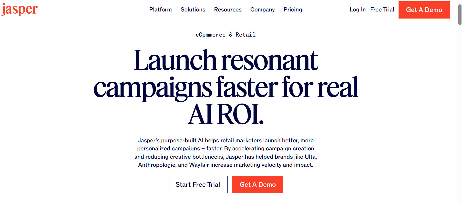 Jasper eCommerce and Retail webpage with headline “Launch resonant campaigns faster for real AI ROI” and calls to start free trial or get a demo.