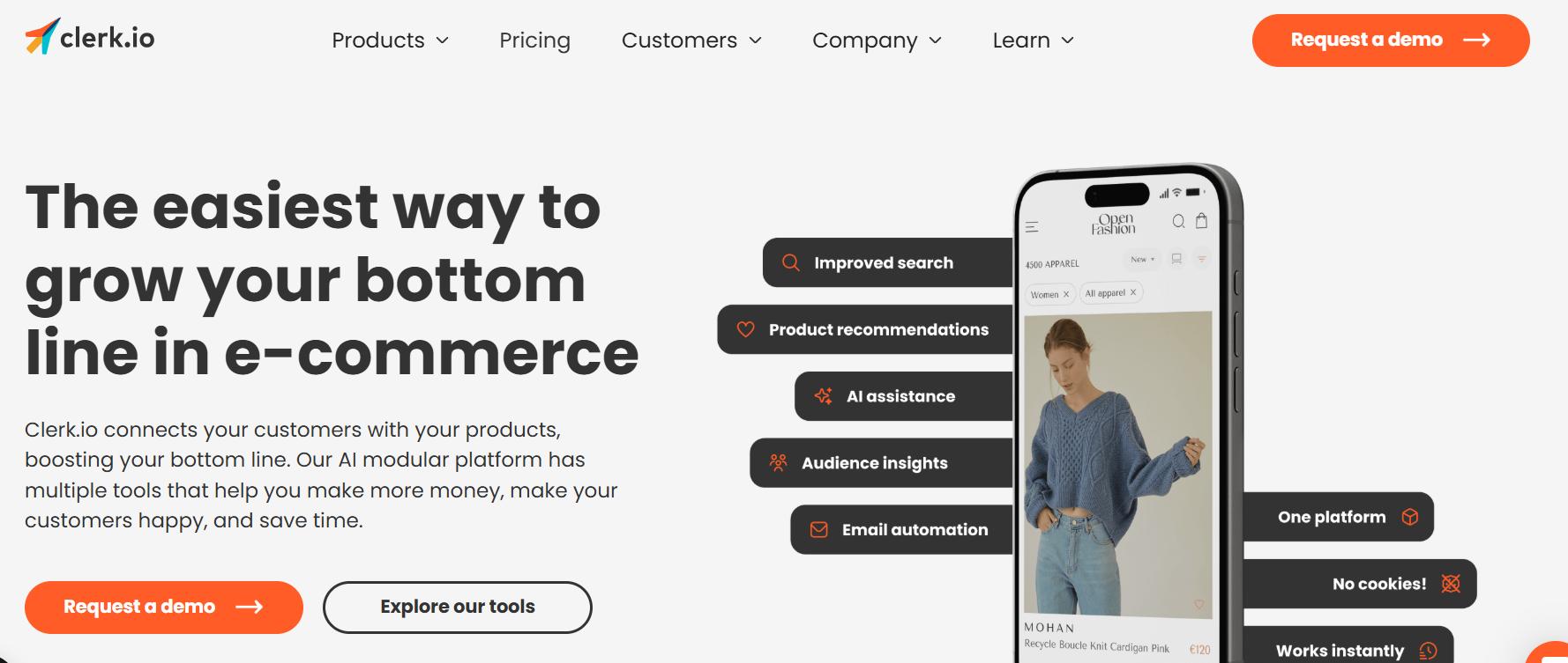 Clerk.io homepage with headline about growing e-commerce revenue, showcasing AI search, product recommendations, assistance, and a mobile shopping interface.