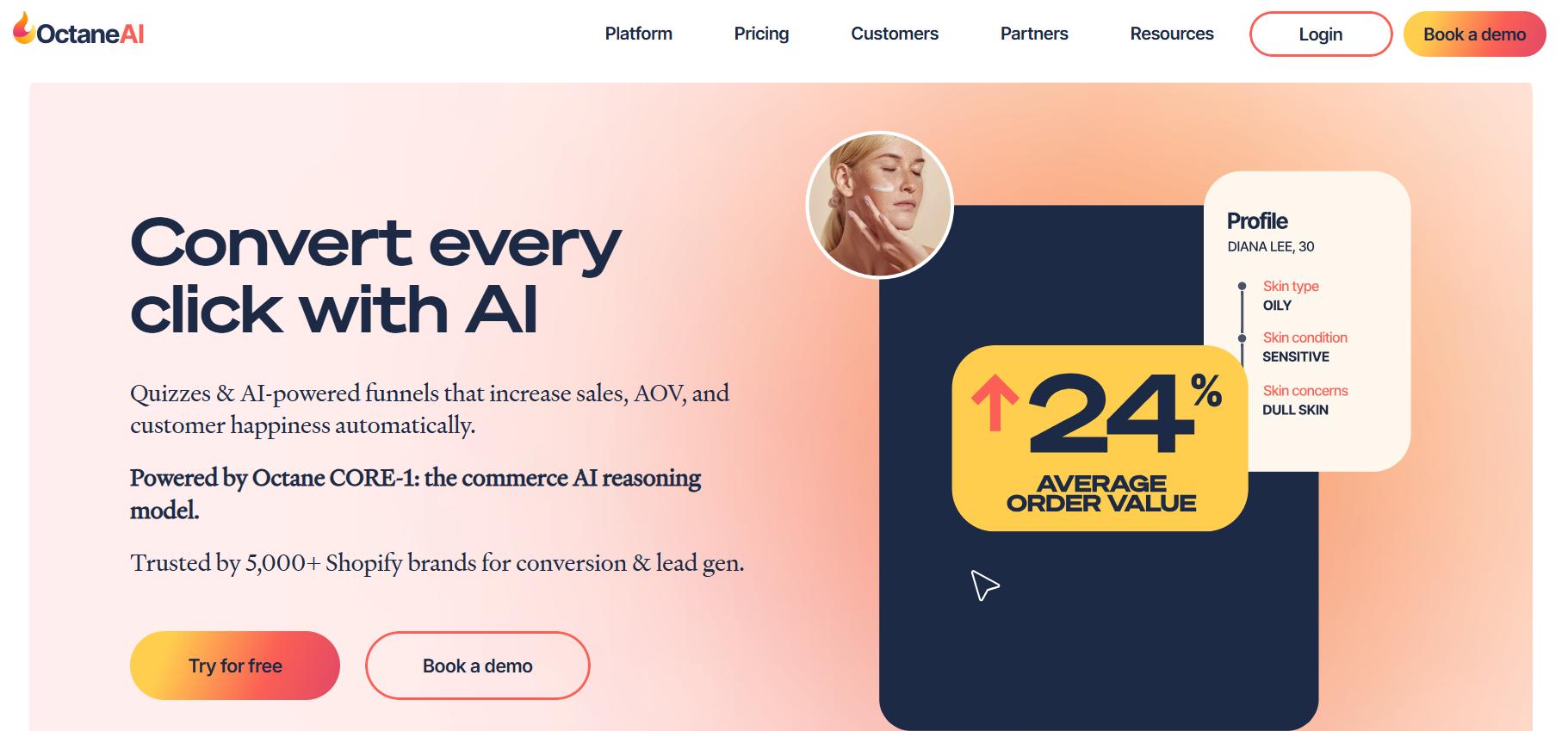 Octane AI homepage with headline “Convert every click with AI,” showing quizzes, customer profile data, and a 24% increase in average order value.