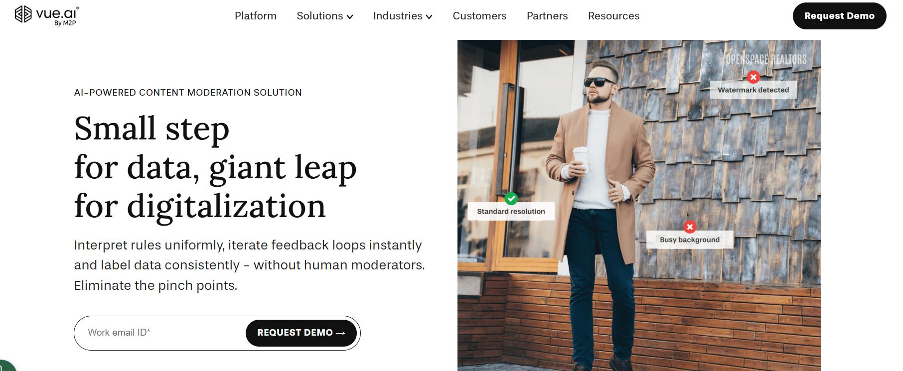 Vue.ai content moderation solution with headline about data and digitalization, showing AI-labeled image quality checks and a request demo call to action.