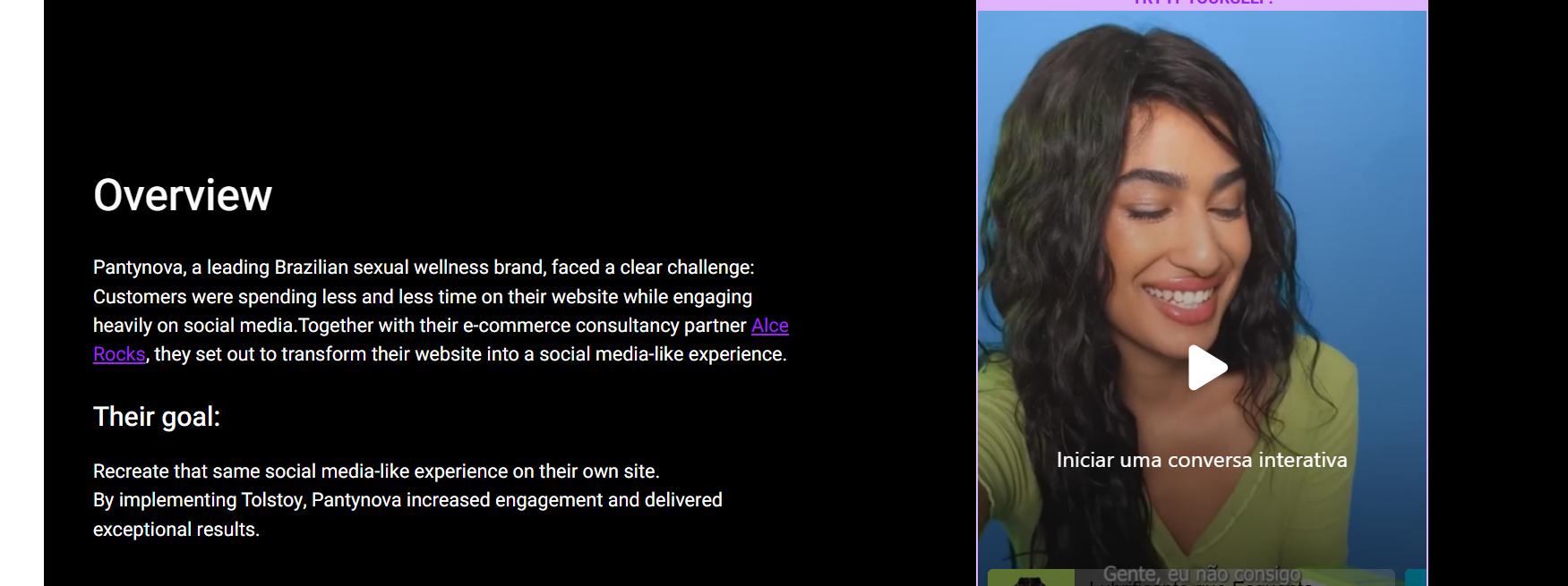 Tolstoy case study overview for Pantynova, with text describing goals and a video thumbnail showing a woman inviting users to start an interactive conversation.