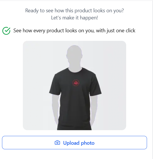 Virtual try-on interface showing a t-shirt on a mannequin silhouette with an option to upload a photo to see how the product looks on you.