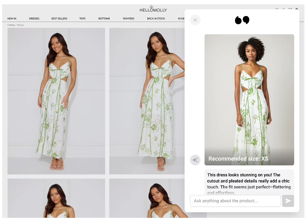 Product page showing a floral cutout dress with an AI virtual try-on panel recommending size XS and displaying how the dress looks on a model.
