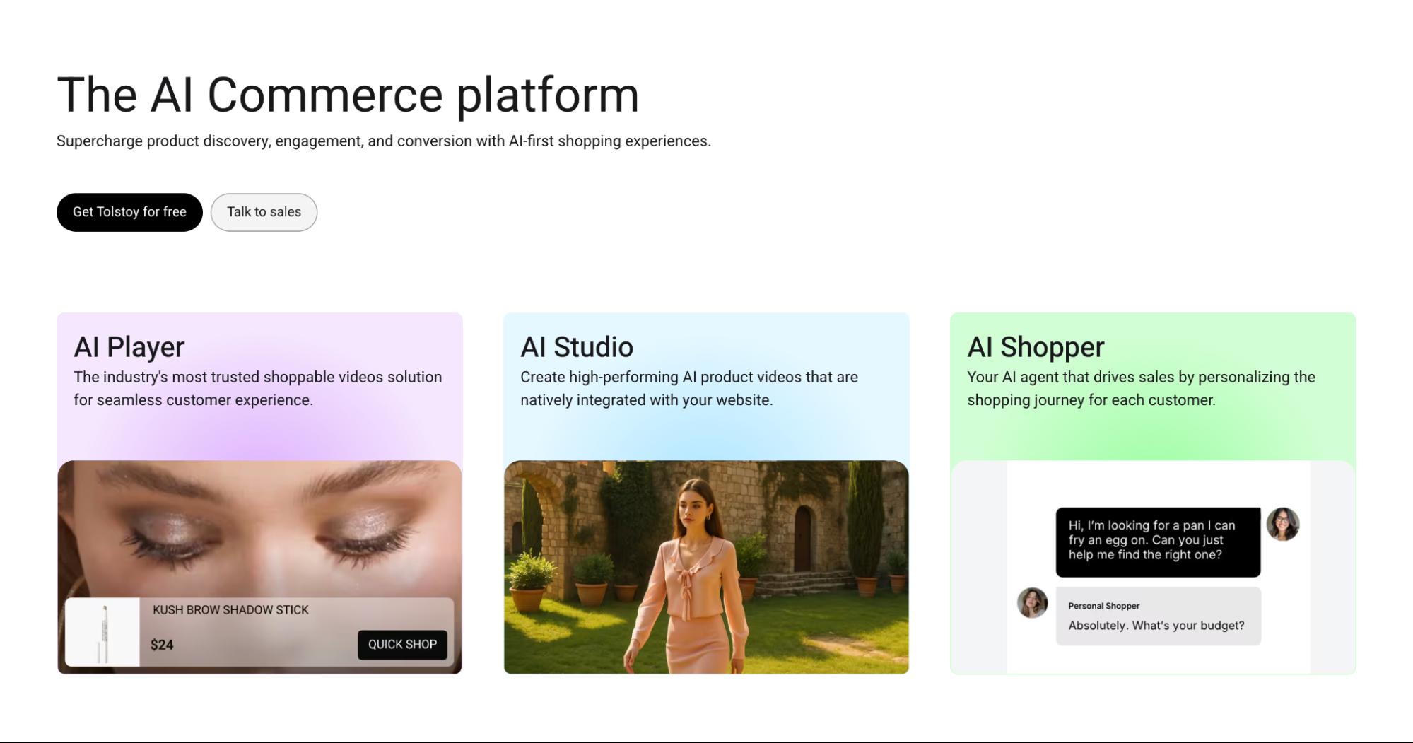Screenshot of the Tolstoy AI commerce platform highlighting AI Player, AI Studio, and AI Shopper features for product discovery and personalized shopping.
