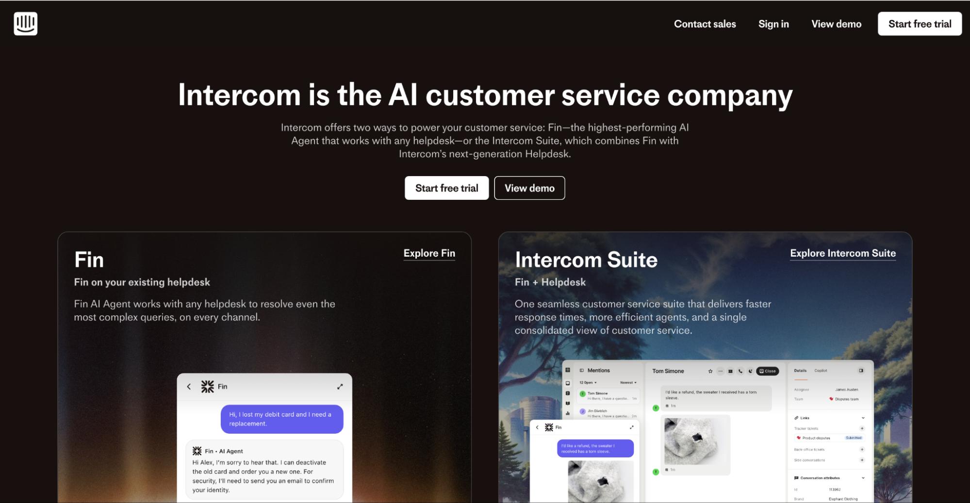 Intercom’s homepage showcasing its AI customer service platform, including Fin AI agent and the Intercom Suite for support automation.