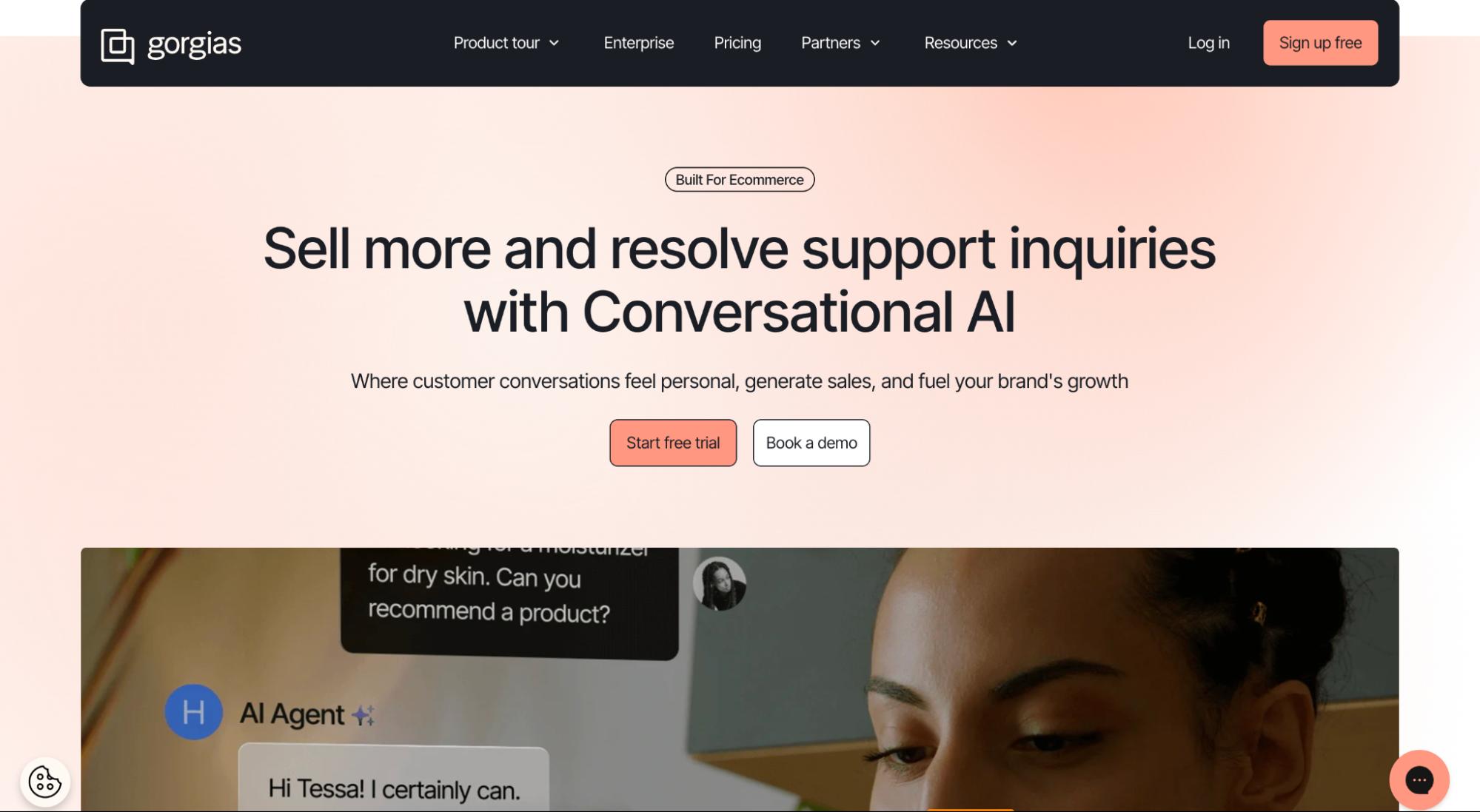 Gorgias homepage highlighting its conversational AI for e-commerce, combining customer support automation with sales assistance.