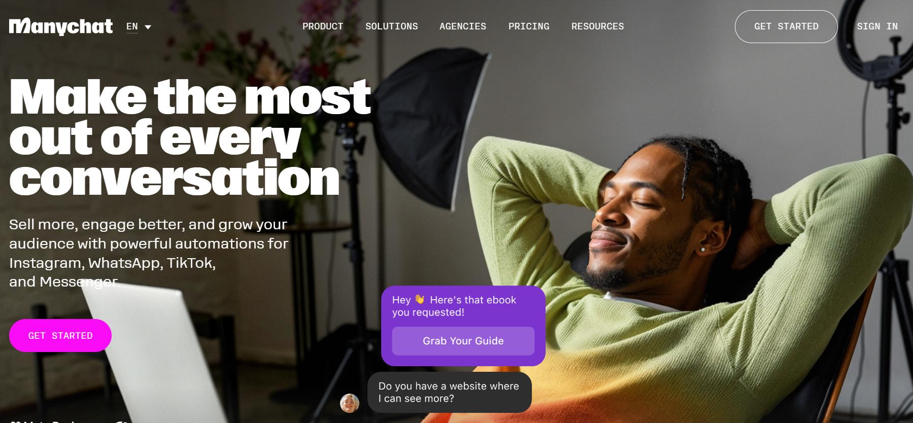 ManyChat homepage promoting conversational automation for Instagram, WhatsApp, TikTok, and Messenger to drive engagement and sales.