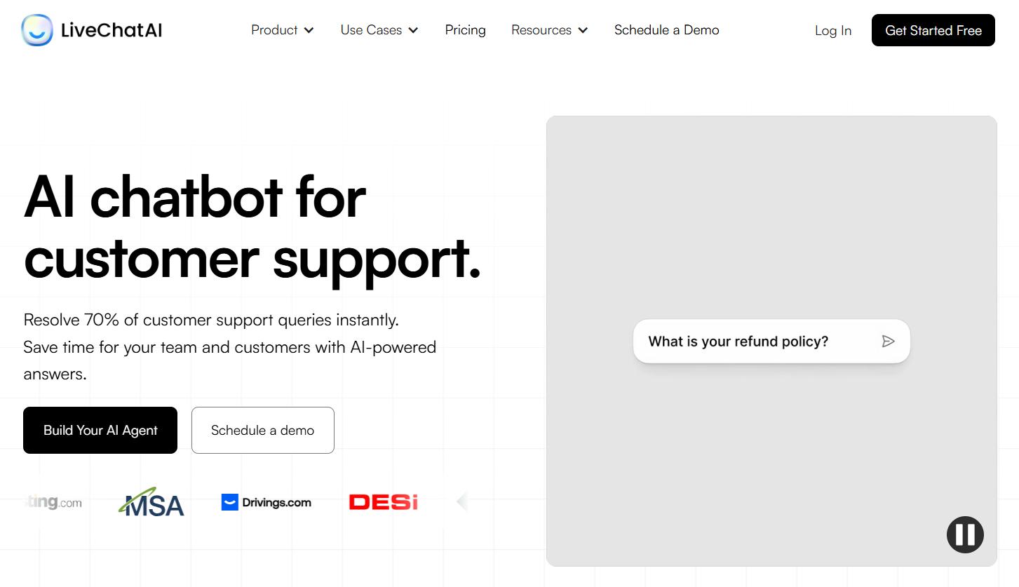 LiveChat AI homepage showcasing an AI chatbot for customer support that resolves queries instantly and automates responses.