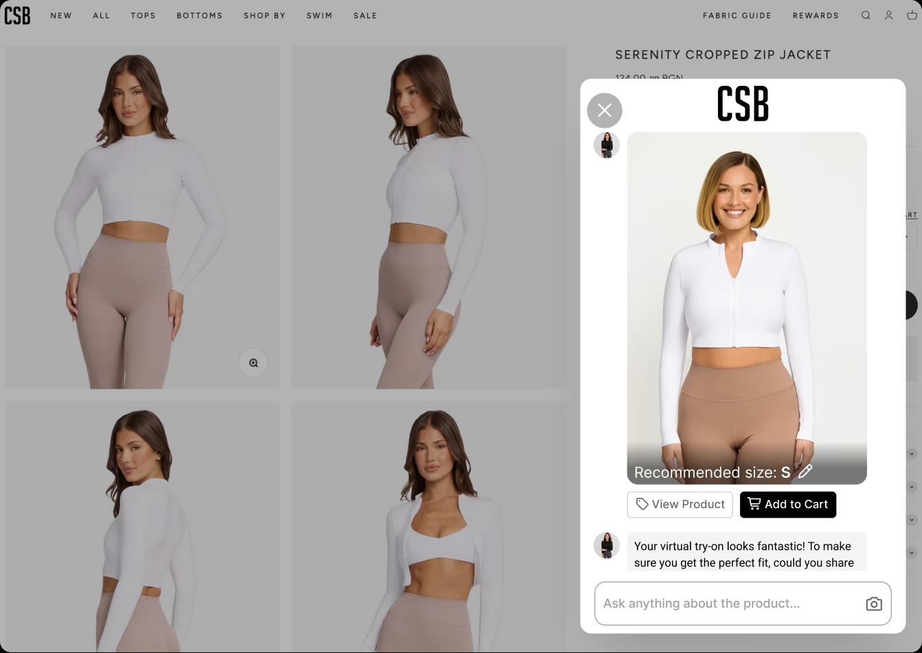 E-commerce product page showing an AI chatbot with virtual try-on, size recommendation, and add-to-cart options.