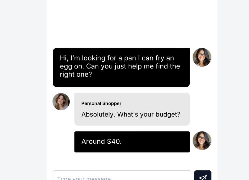 Conversational AI personal shopper chat helping a customer choose a product based on budget and purchase intent.