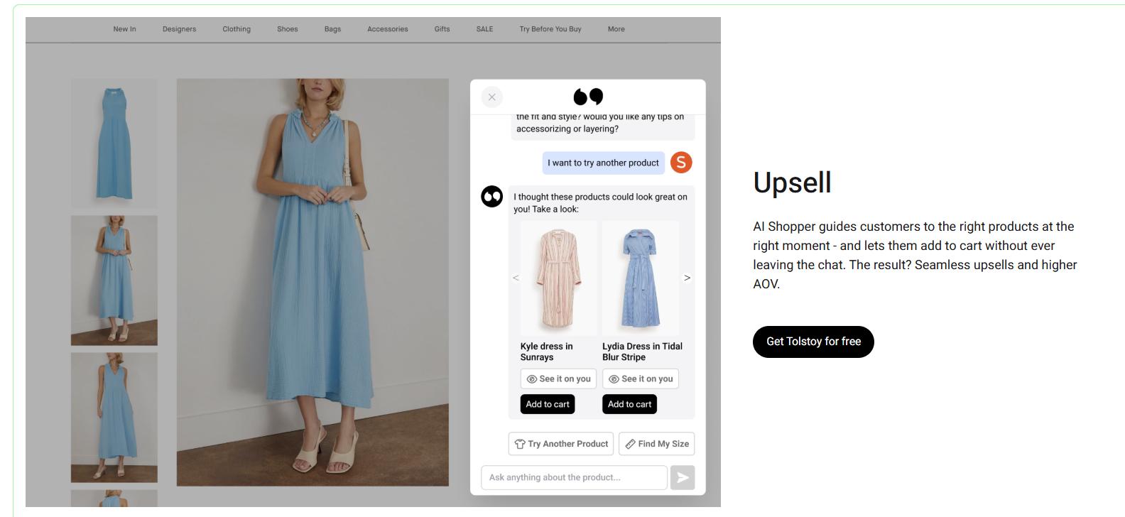 AI shopping assistant upselling related dresses in chat, allowing customers to try items and add to cart without leaving the page.