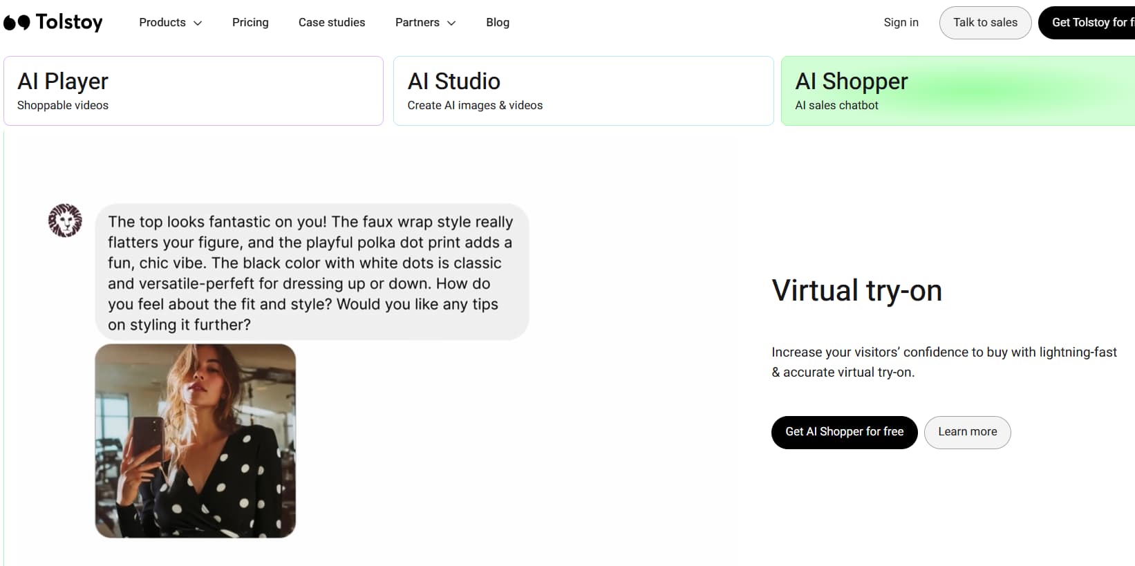 Tolstoy AI Shopper interface showing a virtual try-on experience with a chatbot styling message and a model wearing a black polka-dot top.