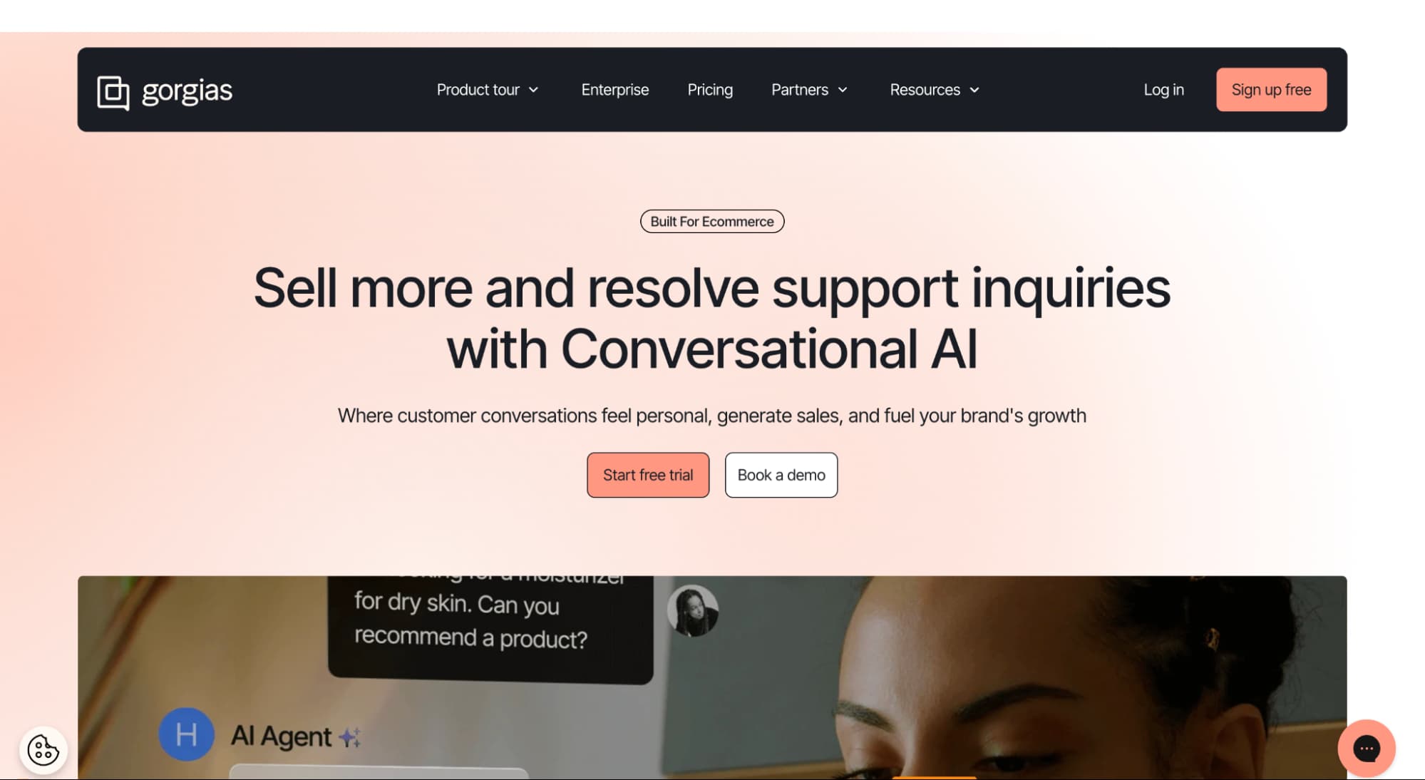 Gorgias homepage showing a conversational AI platform built for ecommerce to increase sales and resolve customer support inquiries.