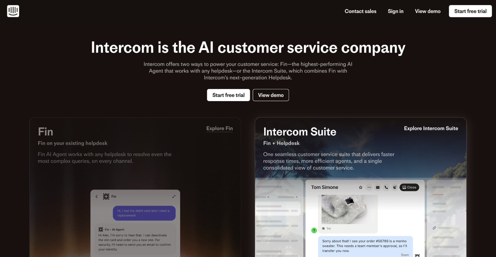 Intercom homepage presenting its AI customer service platform, featuring Fin AI Agent and the Intercom Suite for support teams.