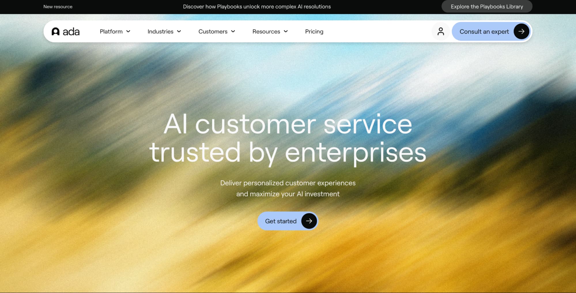 Ada homepage highlighting an enterprise AI customer service platform focused on personalized experiences and scalable automation.