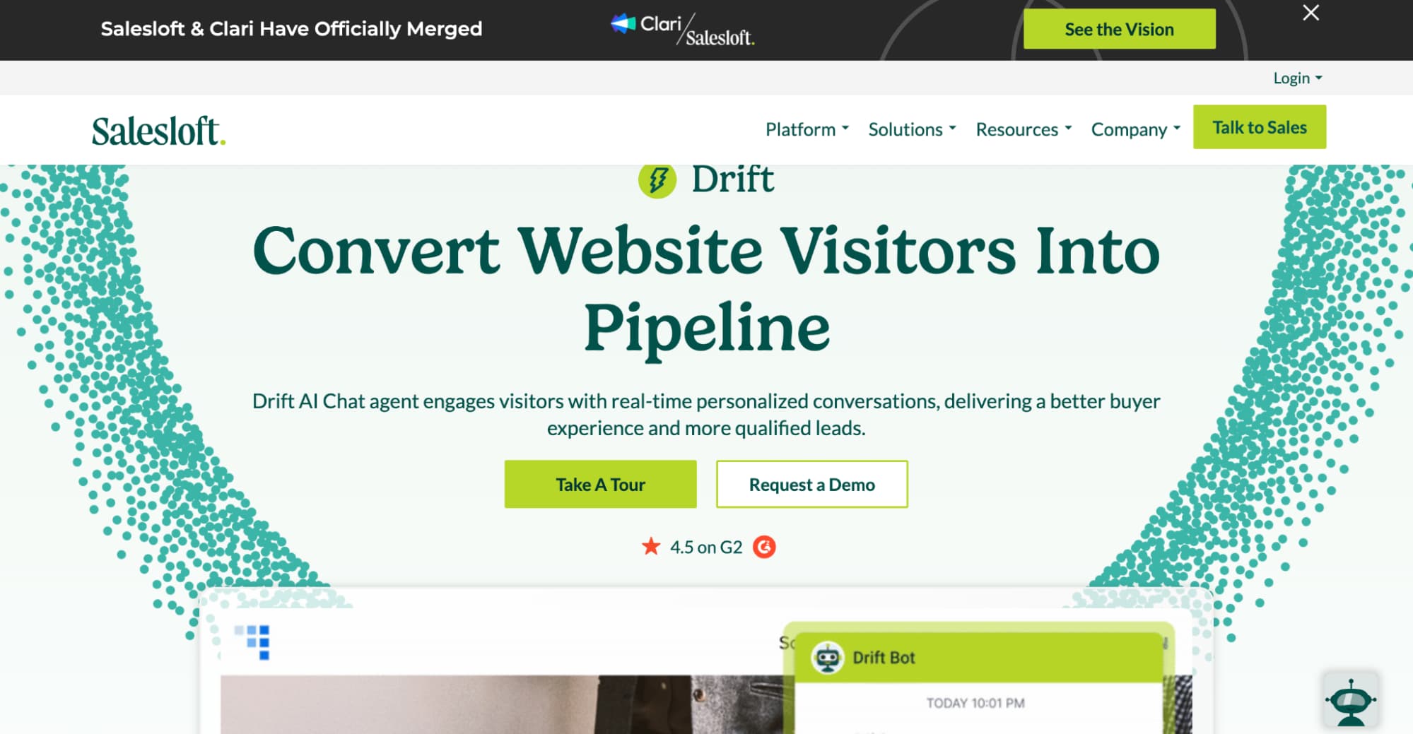 Drift by Salesloft homepage promoting an AI chat agent that converts website visitors into qualified sales pipeline.