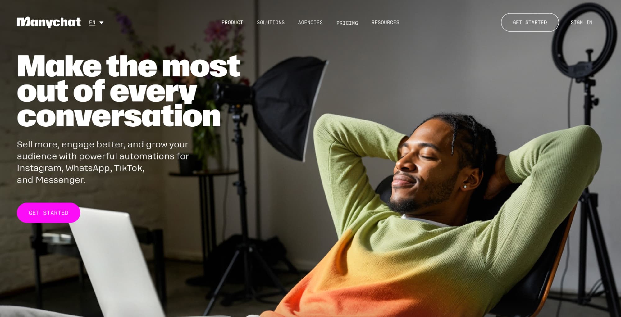 ManyChat homepage promoting chat automation for Instagram, WhatsApp, TikTok, and Messenger to boost engagement and sales.