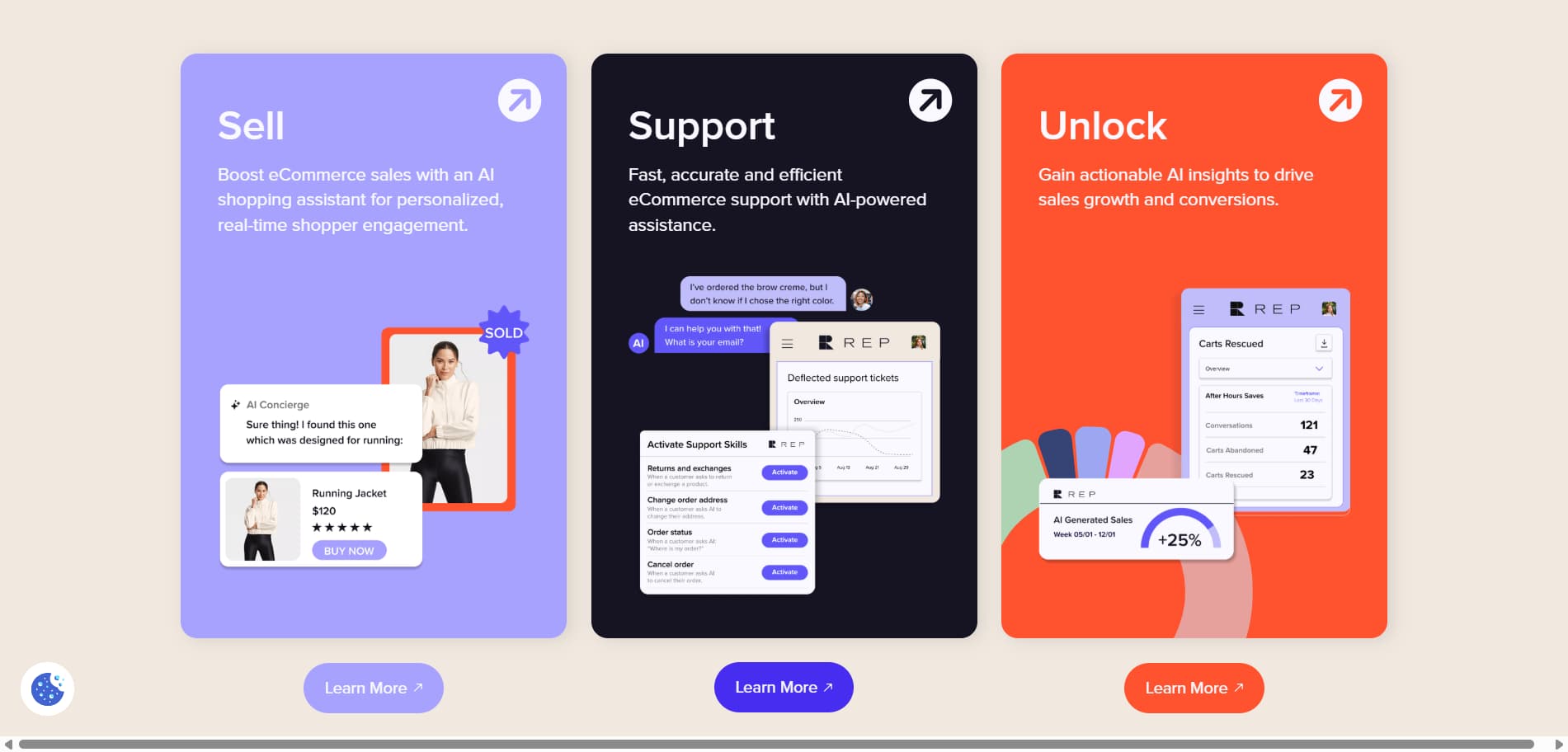 Rep.ai website section showing AI-powered ecommerce features for selling, customer support, and actionable revenue insights.