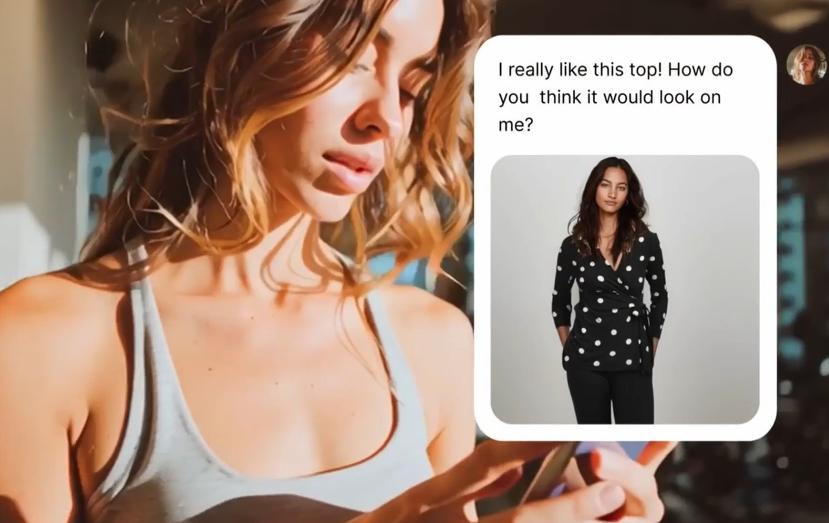 Virtual try-on with the message “I really like this top! How do you think it would look on me?” and polka-dot top photo.