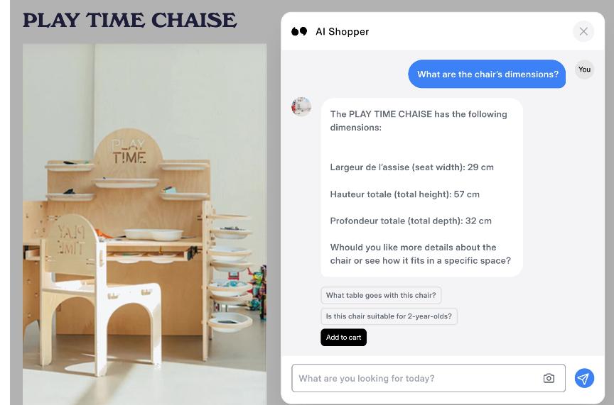 “Play time chaise” kids chair with AI Shopper chat showing dimensions and quick questions, plus Add to cart button.