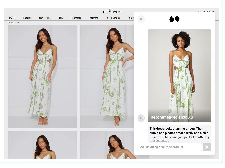 Product page showing floral cutout maxi dress and AI fit preview with “Recommended size: XS” and styling comment in chat panel.