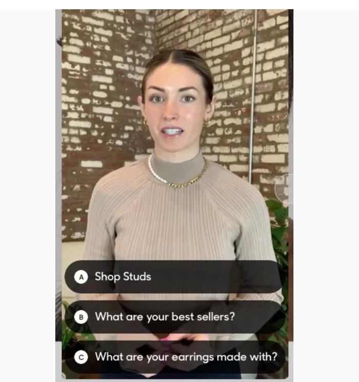 Interactive video options: “Shop Studs,” “What are your best sellers?” and “What are your earrings made with?”