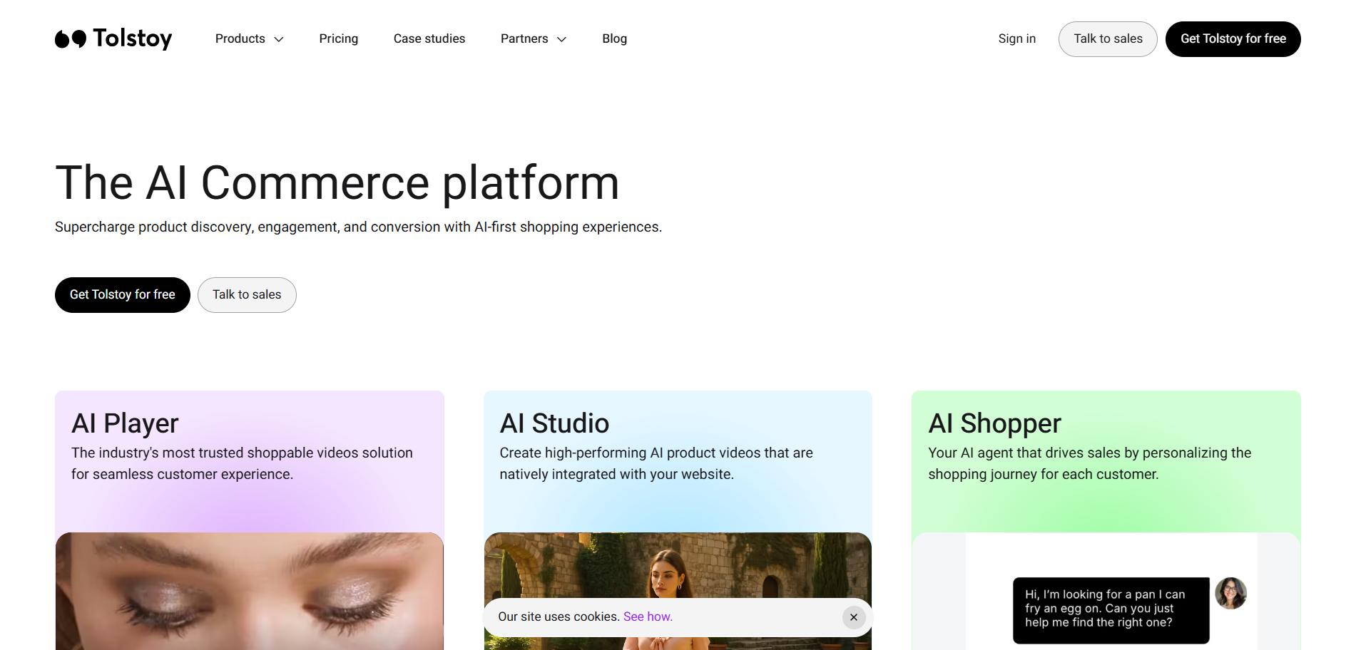 Tolstoy homepage showing “The AI Commerce platform” headline with buttons and three product cards: AI Player, AI Studio, and AI Shopper.