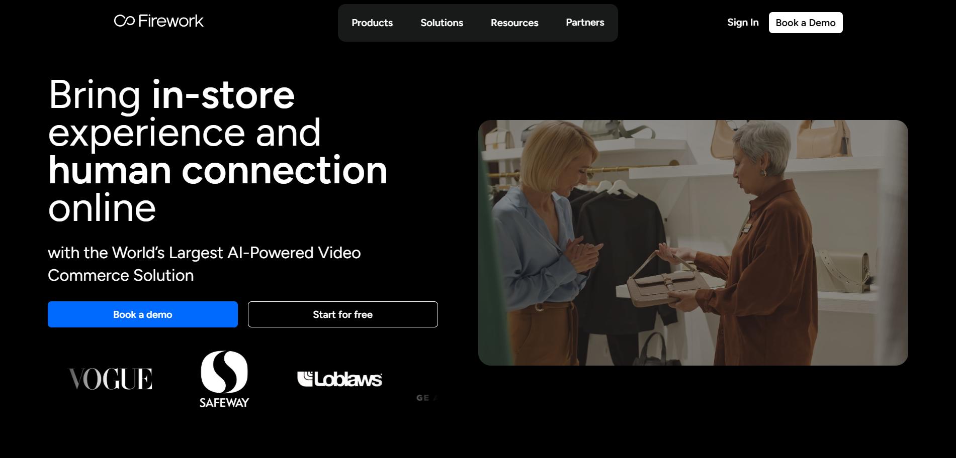 Firework homepage promoting AI-powered video commerce, with headline about in-store experience online, demo buttons, and shoppers in a store video.