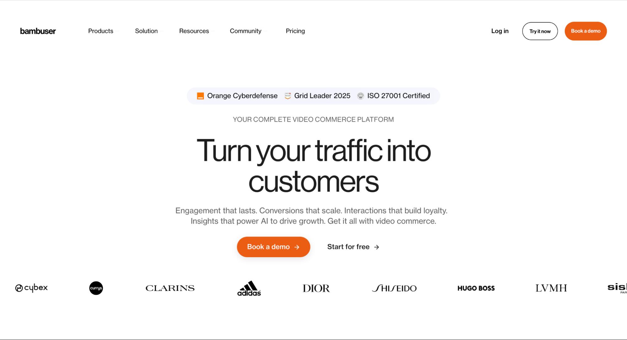 Bambuser homepage with headline “Turn your traffic into customers,” promoting video commerce platform with demo and free start buttons.