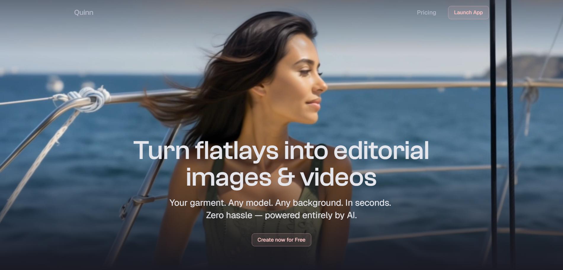 Quinn homepage with headline “Turn flatlays into editorial images & videos” and button to create AI content.