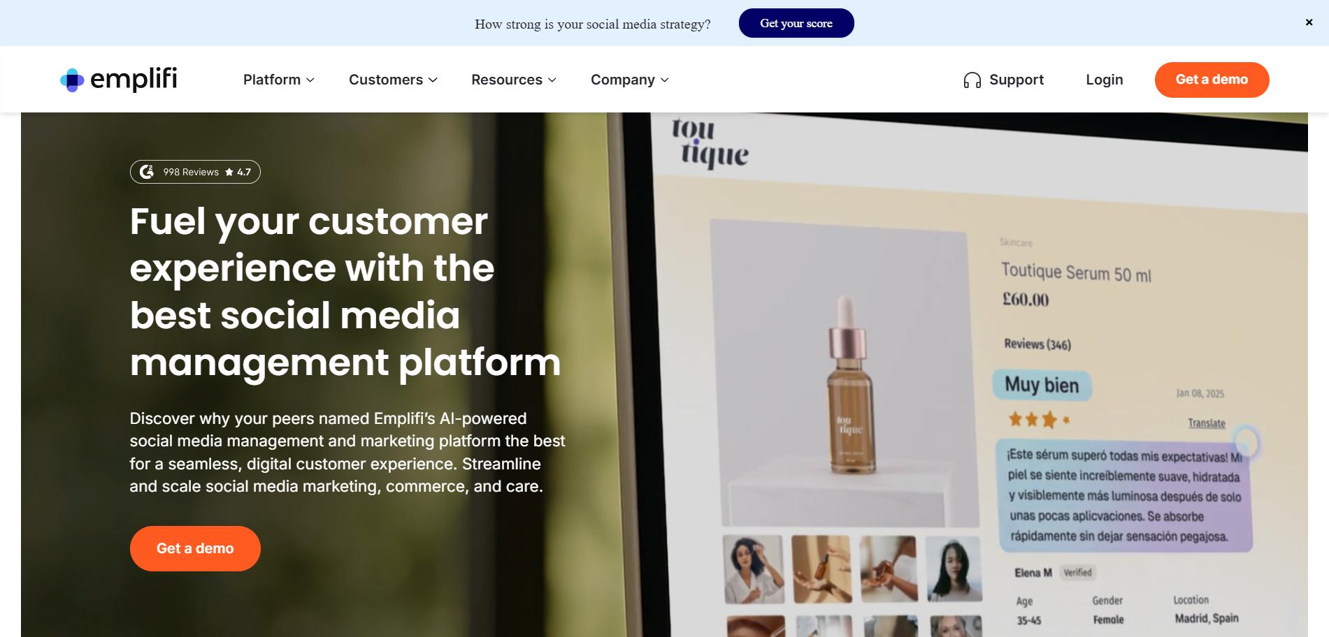 Emplifi homepage with headline about social media management platform, demo button, and product review display.