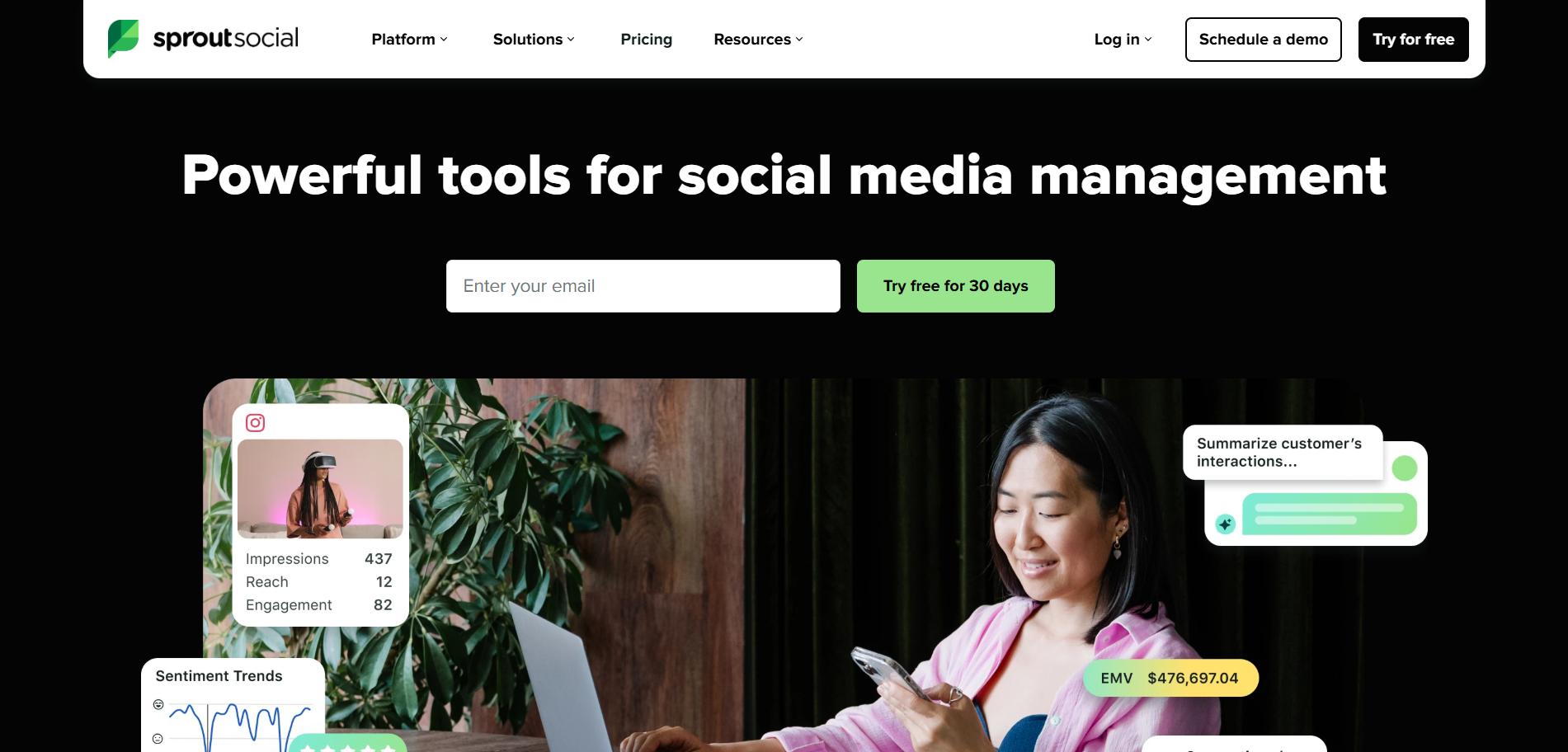Sprout Social homepage with headline “Powerful tools for social media management.”