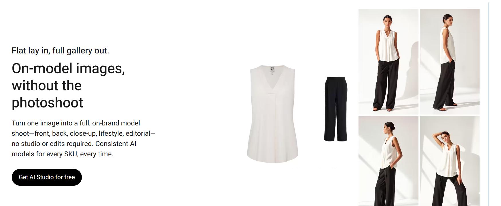 Tolstoy AI Studio turning flat lay clothing images into on-model gallery photos, with outfit and model pose examples.