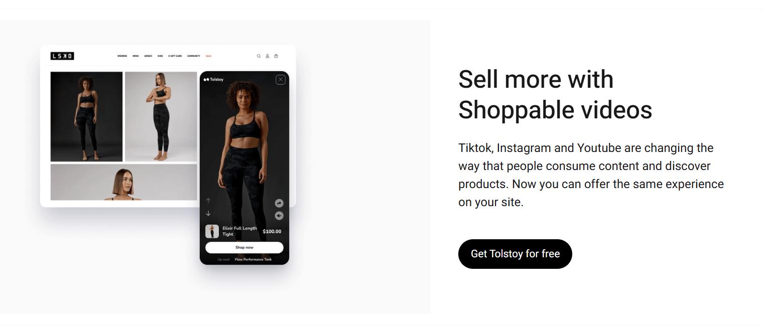 Tolstoy page promoting shoppable videos, showing product video player mockup and text “Sell more with Shoppable videos” with free signup button.