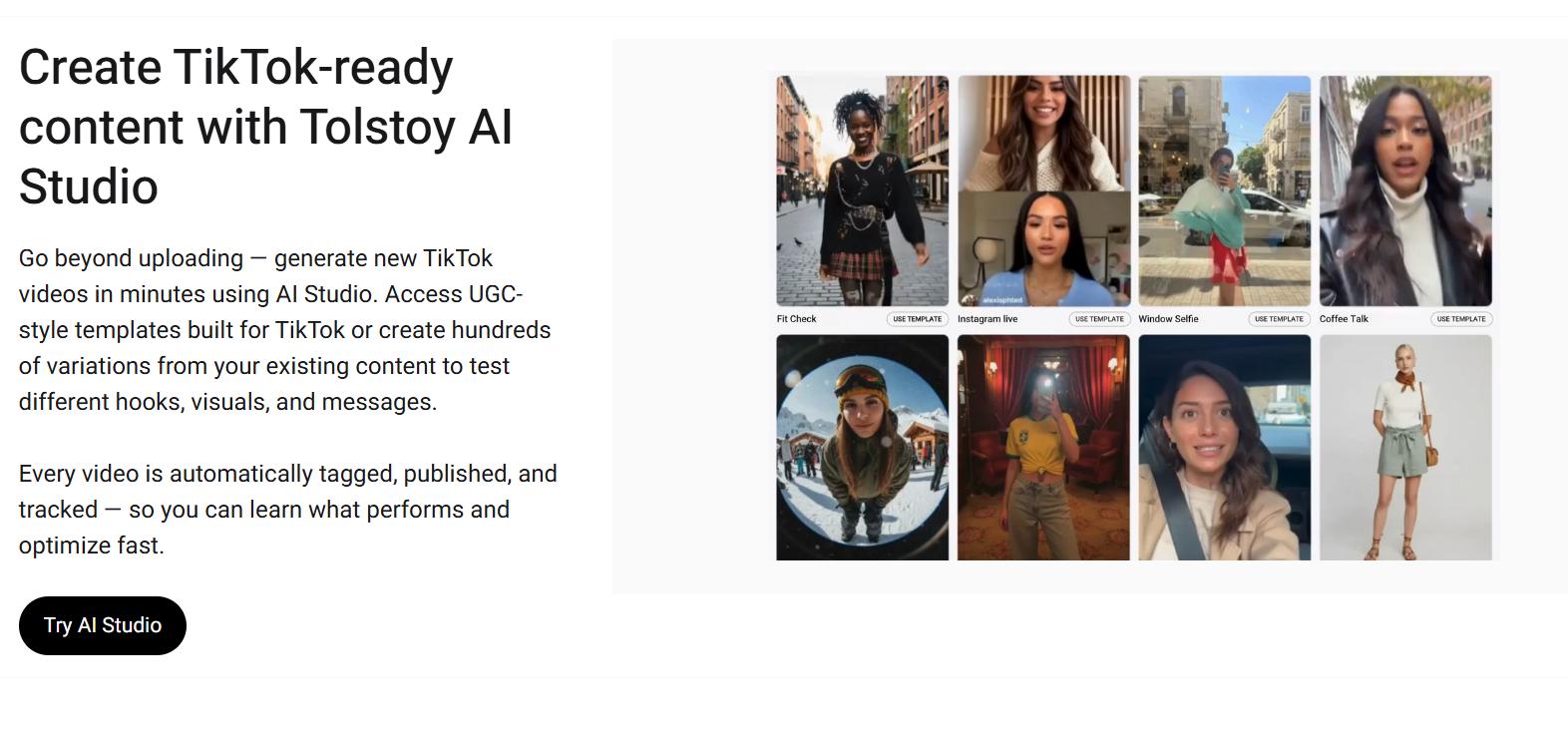 Tolstoy AI Studio page about creating TikTok-ready content, with text description and grid of video template examples.